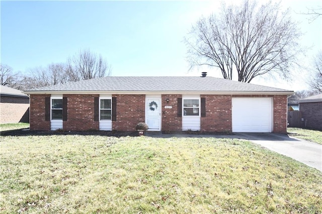 ranch-style home featuring brick siding, concrete driveway, a garage, and a front yard