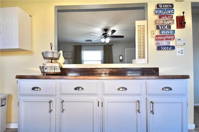 room details featuring visible vents, a textured ceiling, and a ceiling fan