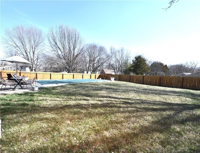 view of yard with an outbuilding, a shed, a patio area, and a fenced backyard