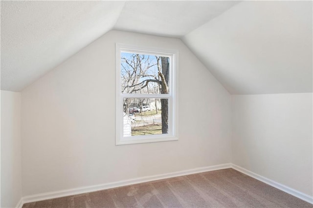 additional living space with baseboards, carpet floors, a textured ceiling, and vaulted ceiling