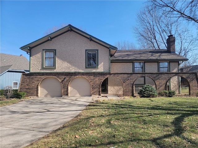 tri-level home featuring brick siding, a front lawn, concrete driveway, a chimney, and a garage