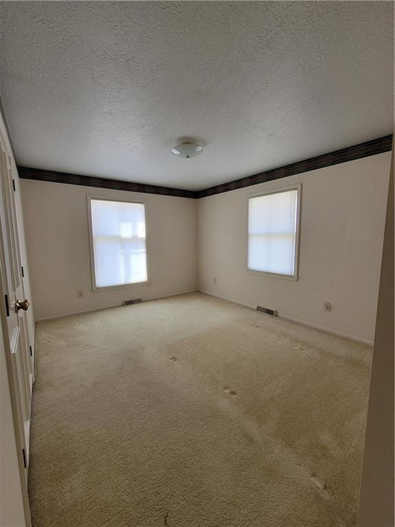 empty room featuring visible vents, light colored carpet, and a textured ceiling