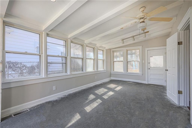 unfurnished sunroom with lofted ceiling with beams, visible vents, and ceiling fan