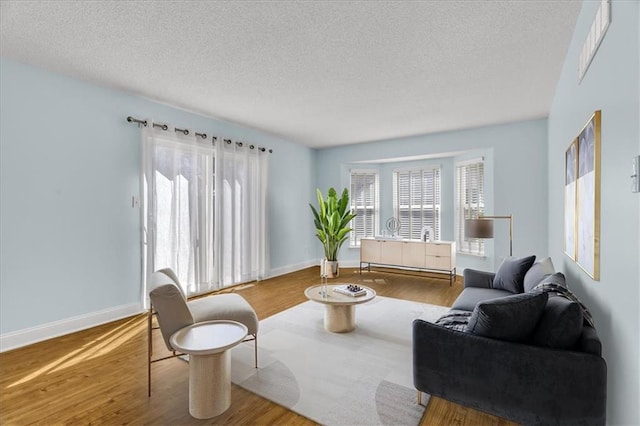 living room with a textured ceiling, baseboards, and wood finished floors