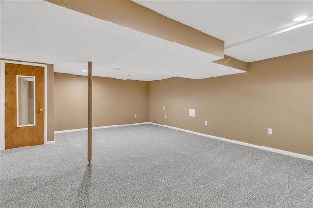 finished basement with recessed lighting, baseboards, and carpet floors