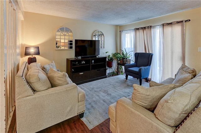 living room featuring dark wood-type flooring and a textured ceiling