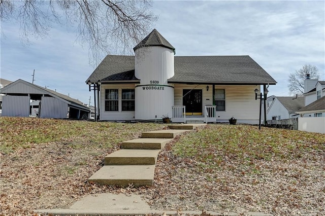 view of front of house with a porch and roof with shingles