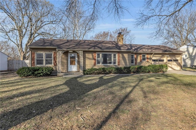 ranch-style house featuring a front lawn, fence, concrete driveway, an attached garage, and a chimney