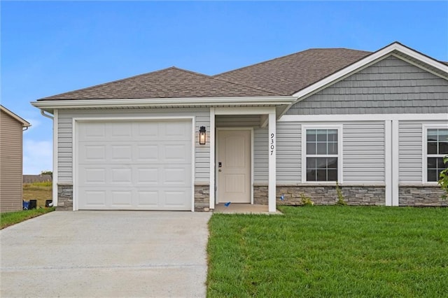 ranch-style home with concrete driveway and stone siding