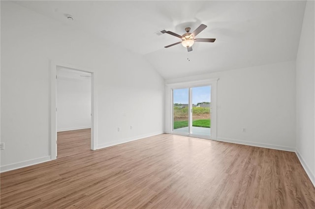 3903 NW 93rd St, Kansas City, MO 64154 - empty room with baseboards, light wood-type flooring, a ceiling fan, and vaulted ceiling