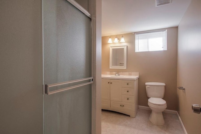 bathroom with tile patterned flooring, visible vents, toilet, a stall shower, and vanity