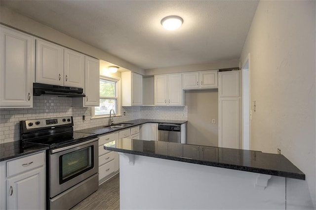 kitchen with under cabinet range hood, white cabinets, appliances with stainless steel finishes, and a sink