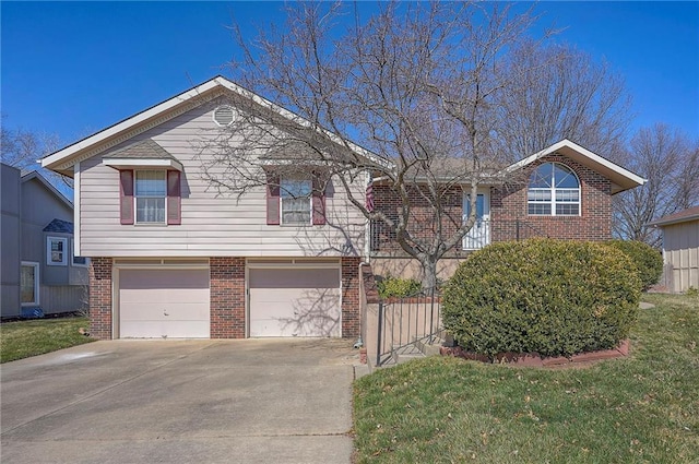 view of front of home featuring concrete driveway, brick siding, a garage, and a front lawn