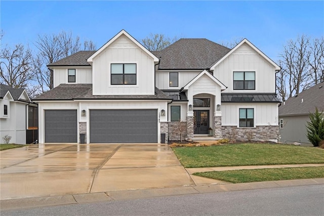 12745 N Larkspur Ln, Platte City, MO 64079 - view of front of property with board and batten siding, an attached garage, a front lawn, and roof with shingles