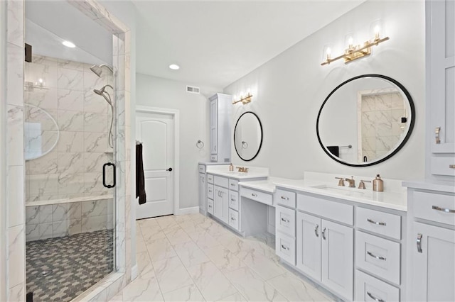 12745 N Larkspur Ln, Platte City, MO 64079 - bathroom with a shower stall, marble finish floor, double vanity, visible vents, and a sink