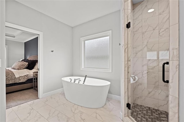 12745 N Larkspur Ln, Platte City, MO 64079 - bathroom featuring a freestanding bath, a shower stall, marble finish floor, and baseboards