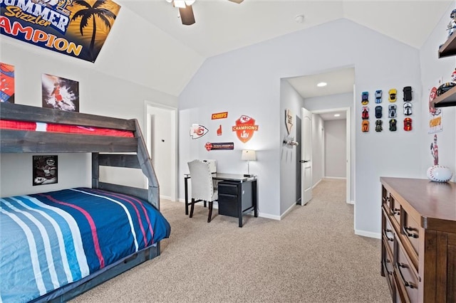 12745 N Larkspur Ln, Platte City, MO 64079 - bedroom with ceiling fan, vaulted ceiling, carpet flooring, and baseboards
