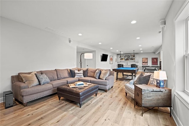 12745 N Larkspur Ln, Platte City, MO 64079 - living room featuring light wood-type flooring, recessed lighting, and billiards