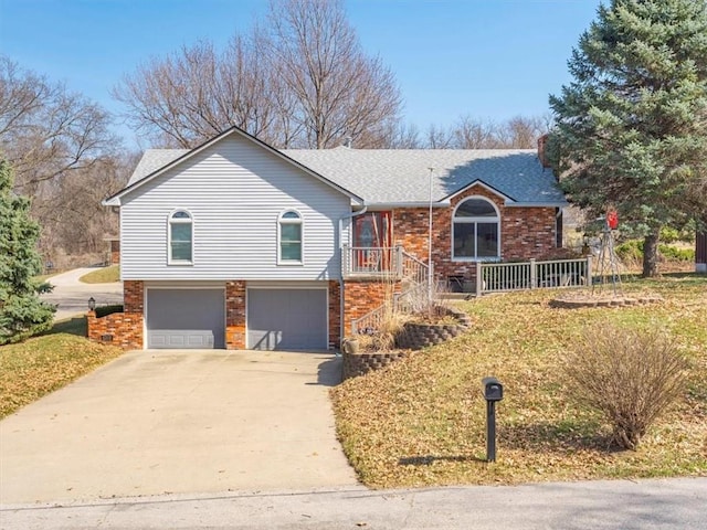 view of front facade featuring a garage, brick siding, concrete driveway, and a shingled roof