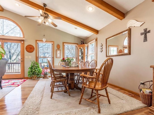 dining area with wood finished floors, baseboards, vaulted ceiling with beams, recessed lighting, and ceiling fan