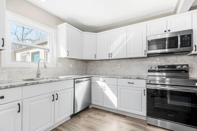 kitchen with a sink, tasteful backsplash, white cabinetry, light wood-style floors, and appliances with stainless steel finishes