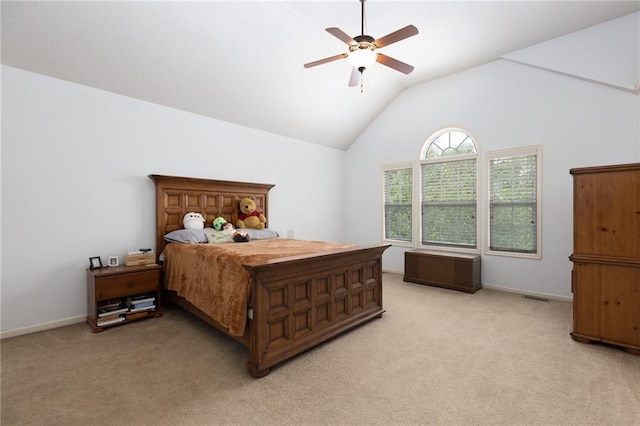 8755 N Chatham Ave, Kansas City, MO 64154 - bedroom featuring light colored carpet, lofted ceiling, and ceiling fan