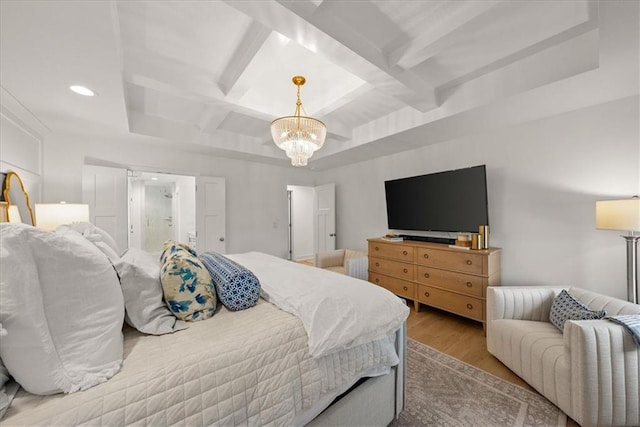 9010 N Denver Ave, Kansas City, MO 64156 - bedroom featuring coffered ceiling, wood finished floors, beamed ceiling, and a chandelier