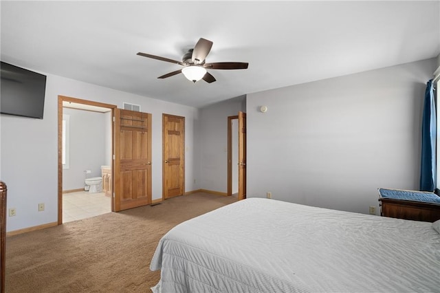 bedroom with light carpet, visible vents, a ceiling fan, and baseboards