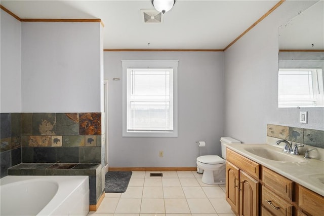 full bathroom with vanity, visible vents, ornamental molding, tile patterned floors, and a bath