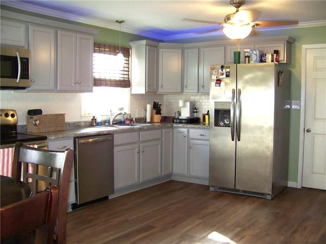 kitchen with dark wood-style floors, ornamental molding, stainless steel appliances, and a sink