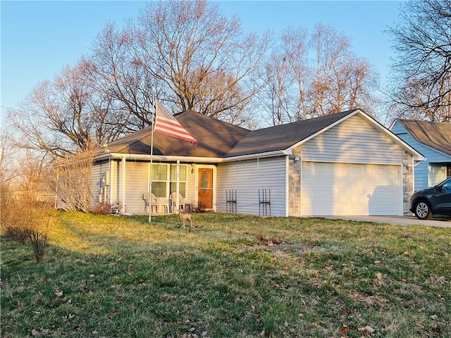 single story home featuring driveway, a front lawn, and a garage