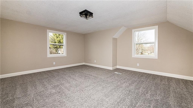 additional living space with plenty of natural light, baseboards, dark colored carpet, and a textured ceiling