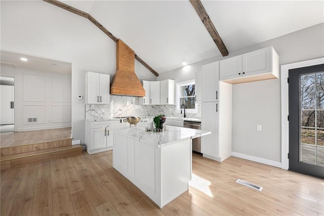 kitchen with visible vents, a sink, custom range hood, white cabinets, and tasteful backsplash