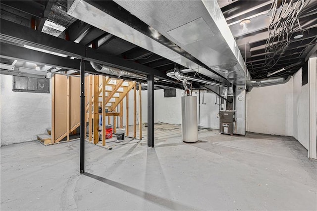 unfinished basement with water heater, heating unit, and stairs