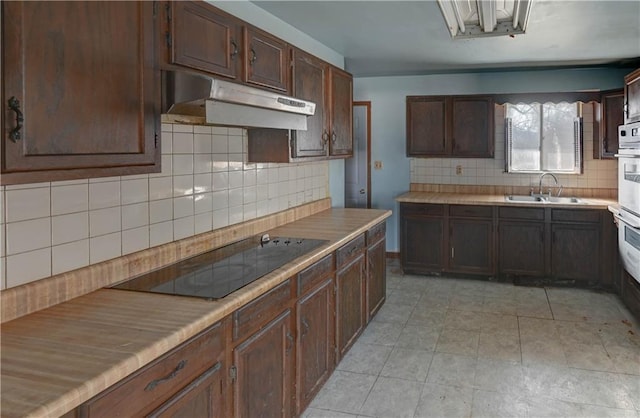 kitchen featuring black electric cooktop, tasteful backsplash, under cabinet range hood, and a sink