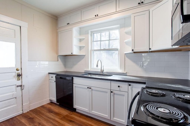 kitchen featuring a sink, open shelves, dark wood-type flooring, and black appliances