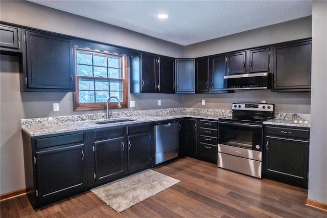 kitchen with a sink, exhaust hood, dark wood finished floors, and stainless steel appliances