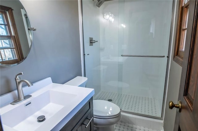 bathroom featuring vanity, a shower stall, and toilet