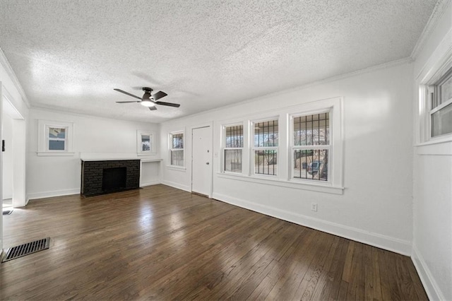 unfurnished living room with visible vents, baseboards, ceiling fan, and dark wood-style flooring