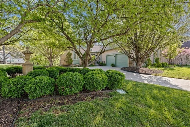view of front of house featuring a garage, stucco siding, driveway, and a front yard