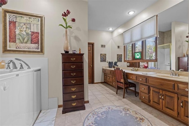 full bathroom featuring visible vents, an enclosed shower, tile patterned flooring, vanity, and baseboards