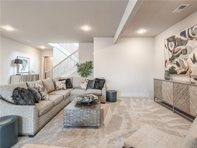 living room with visible vents, recessed lighting, stairway, carpet flooring, and baseboards