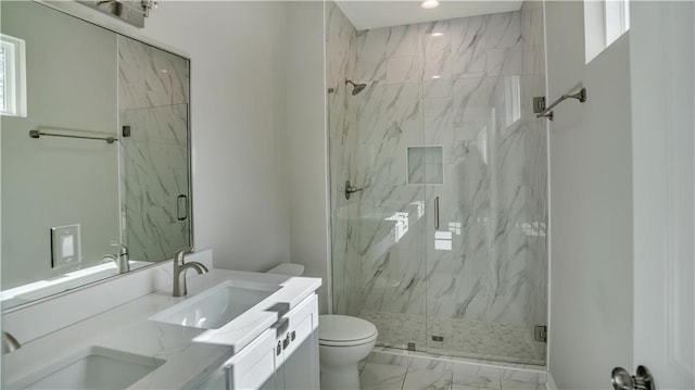 full bathroom featuring marble look tiles, toilet, a marble finish shower, vanity, and recessed lighting