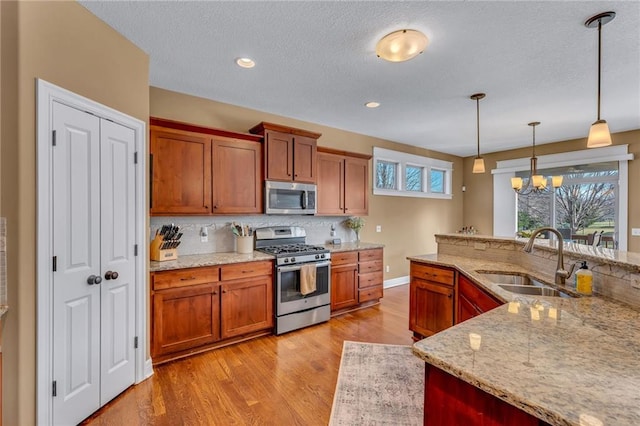 kitchen with light wood finished floors, decorative light fixtures, decorative backsplash, appliances with stainless steel finishes, and a sink