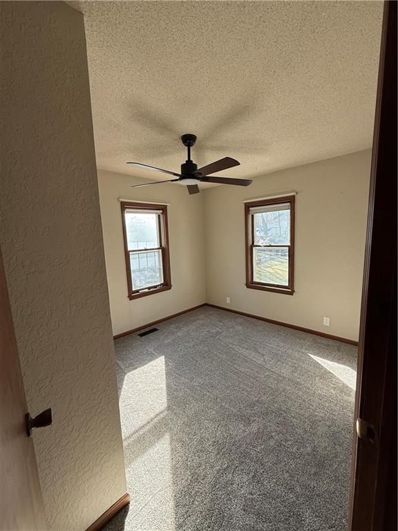 carpeted empty room featuring baseboards, visible vents, a wealth of natural light, and ceiling fan