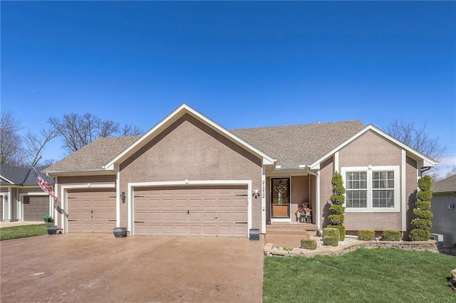 21212 E 52nd Street Ct, Blue Springs, MO 64015 - ranch-style house with a shingled roof, stucco siding, an attached garage, concrete driveway, and a front yard
