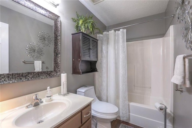 21212 E 52nd Street Ct, Blue Springs, MO 64015 - bathroom featuring a textured ceiling, toilet, vanity, and shower / bath combination with curtain