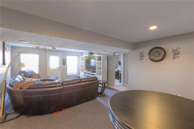 21212 E 52nd Street Ct, Blue Springs, MO 64015 - carpeted living room with recessed lighting, a textured ceiling, and baseboards
