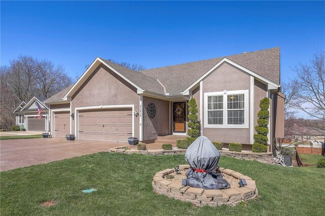 21212 E 52nd Street Ct, Blue Springs, MO 64015 - ranch-style home featuring a garage, stucco siding, a front lawn, and concrete driveway