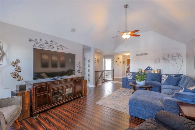 21212 E 52nd Street Ct, Blue Springs, MO 64015 - living area featuring vaulted ceiling, visible vents, a ceiling fan, baseboards, and dark wood-style flooring